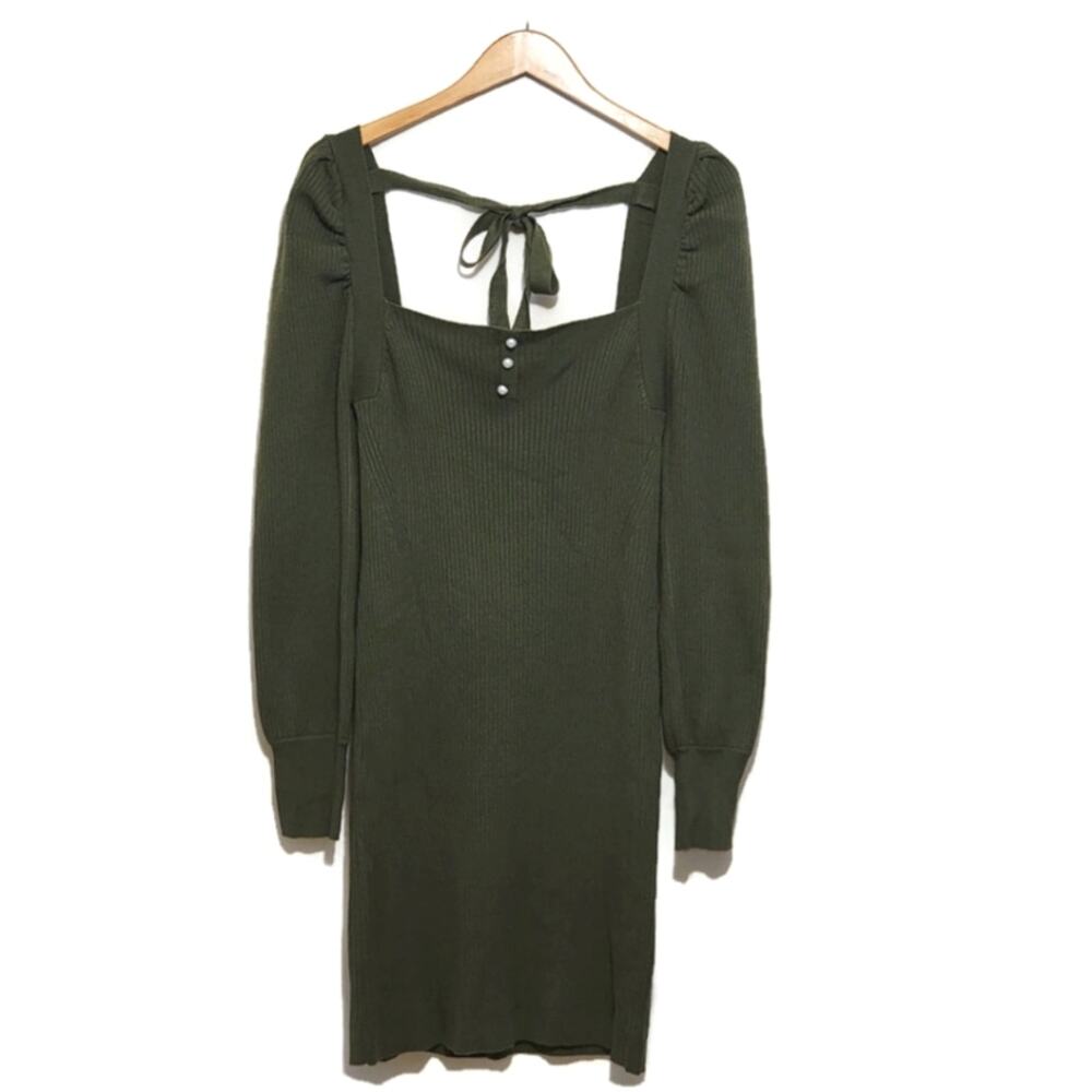 Leyden Olive Green Ribbed Midi Dress with Tie Back